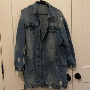 Long distressed denim jacket